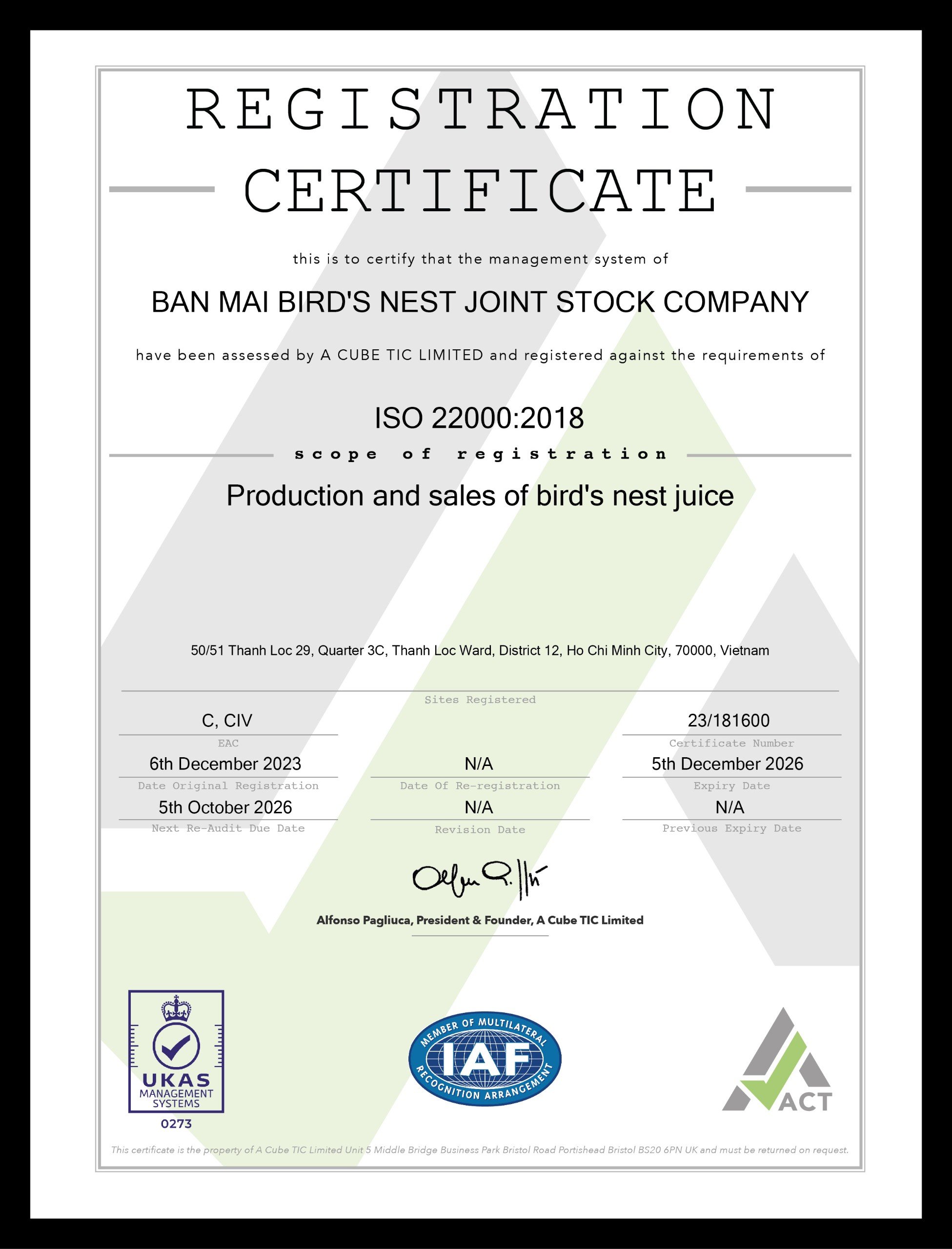 Chứng nhận Iso 22000:18000 