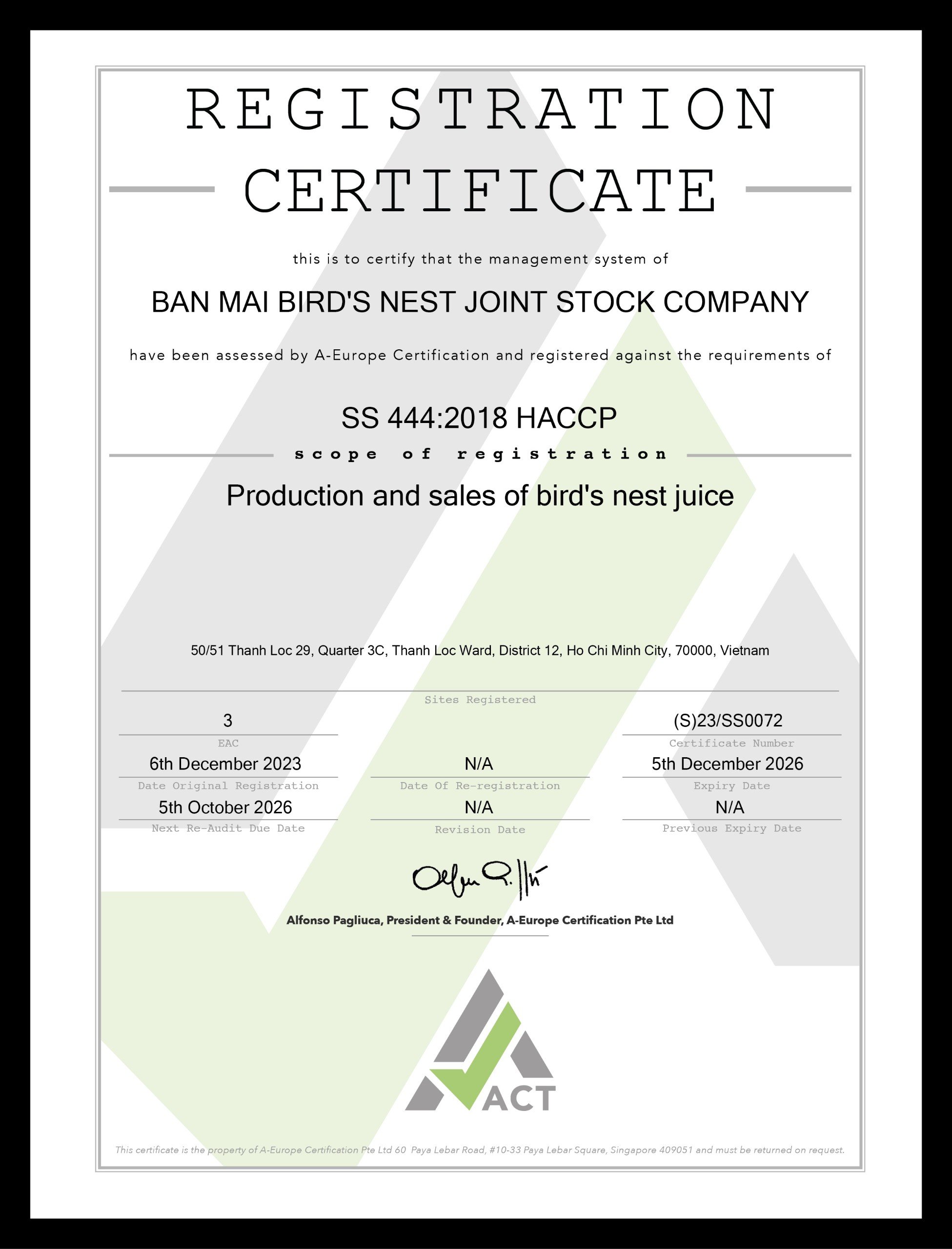 Chứng nhận HACCP  SS 444 : 2018