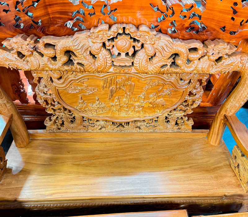 Salon rồng bát tiên gỗ bên tay 12 phủ sơn bóng mờ