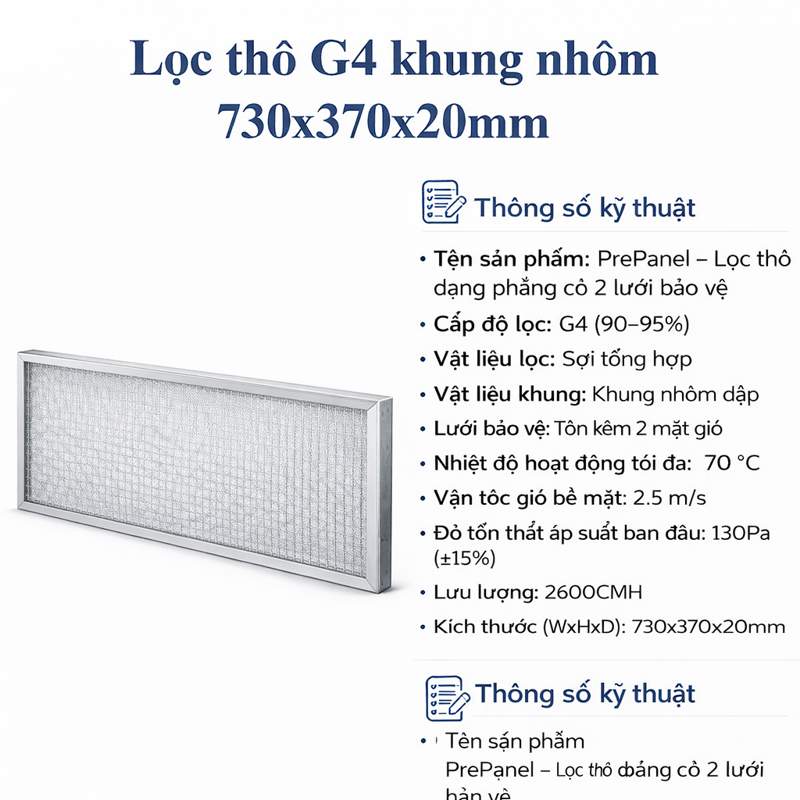 Lọc thô G4 khung nhôm 730x370x20mm