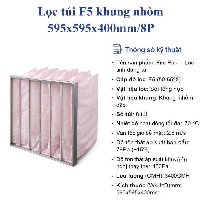 Lọc túi F5 khung nhôm 595x295x400mm/8P