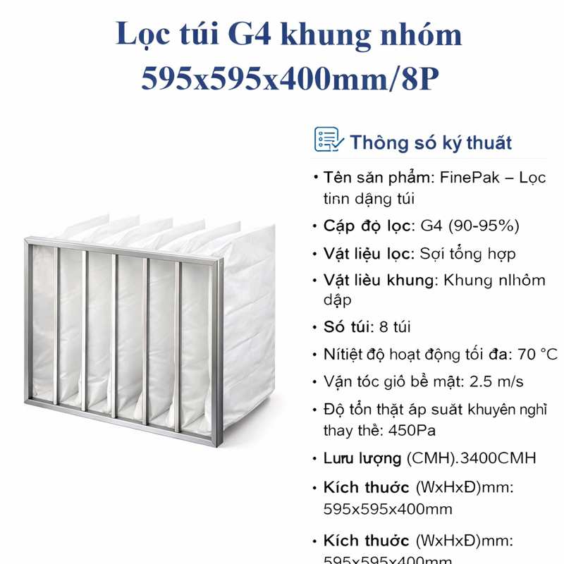 Lọc túi G4 khung nhôm 595x595x400mm/8P
