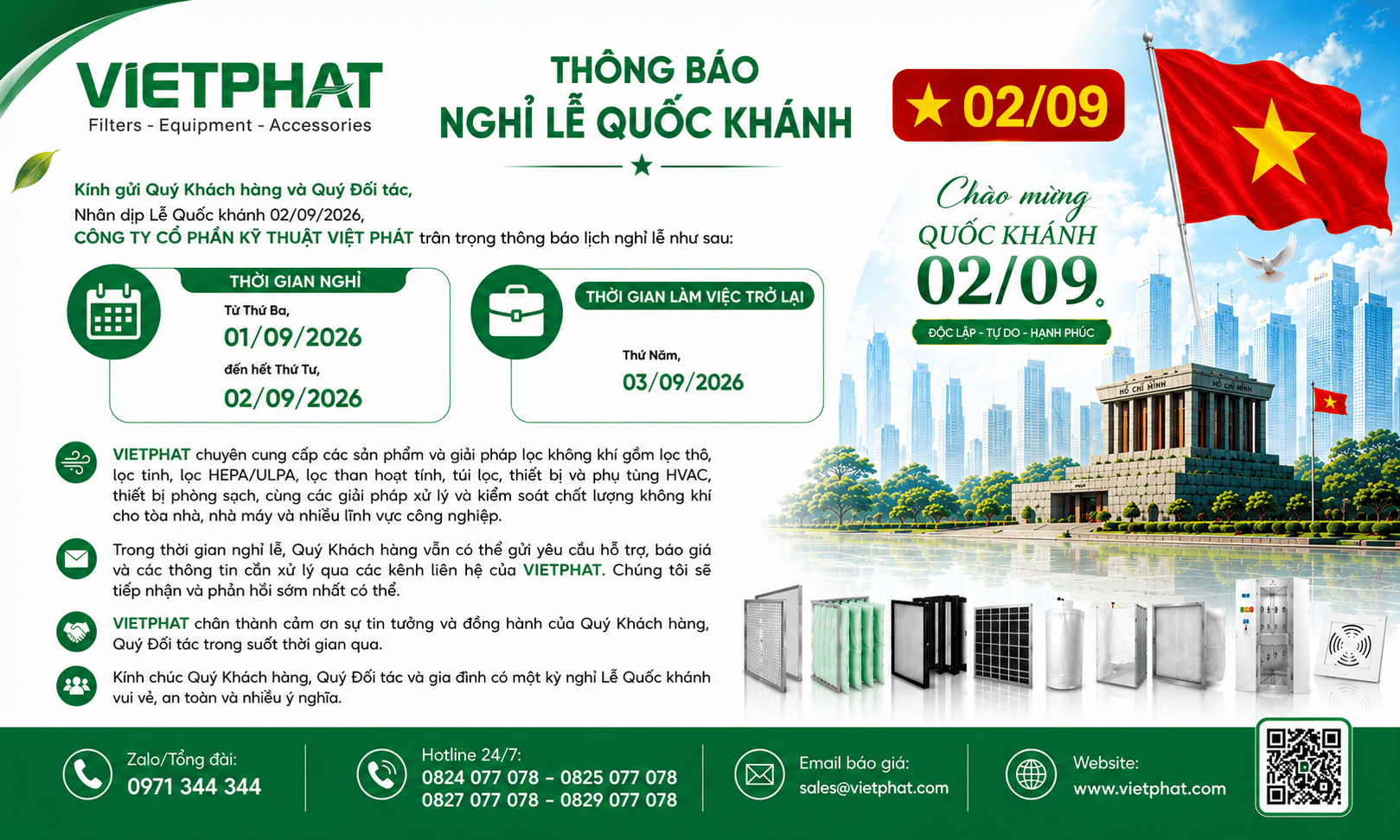 VIETPHAT Thông Báo Lịch Nghỉ Lễ Quốc Khánh 02/09/2026