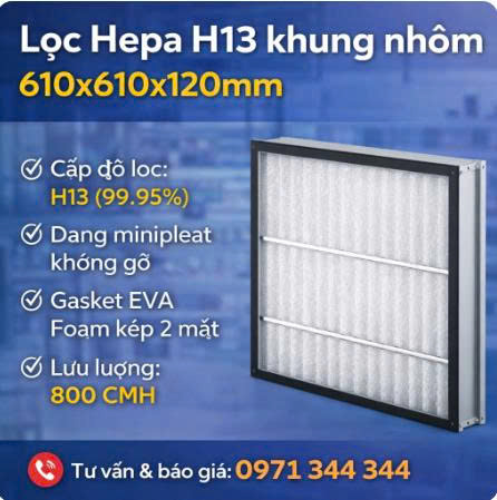 Lọc Hepa H13 khung nhôm 610x610x120mm