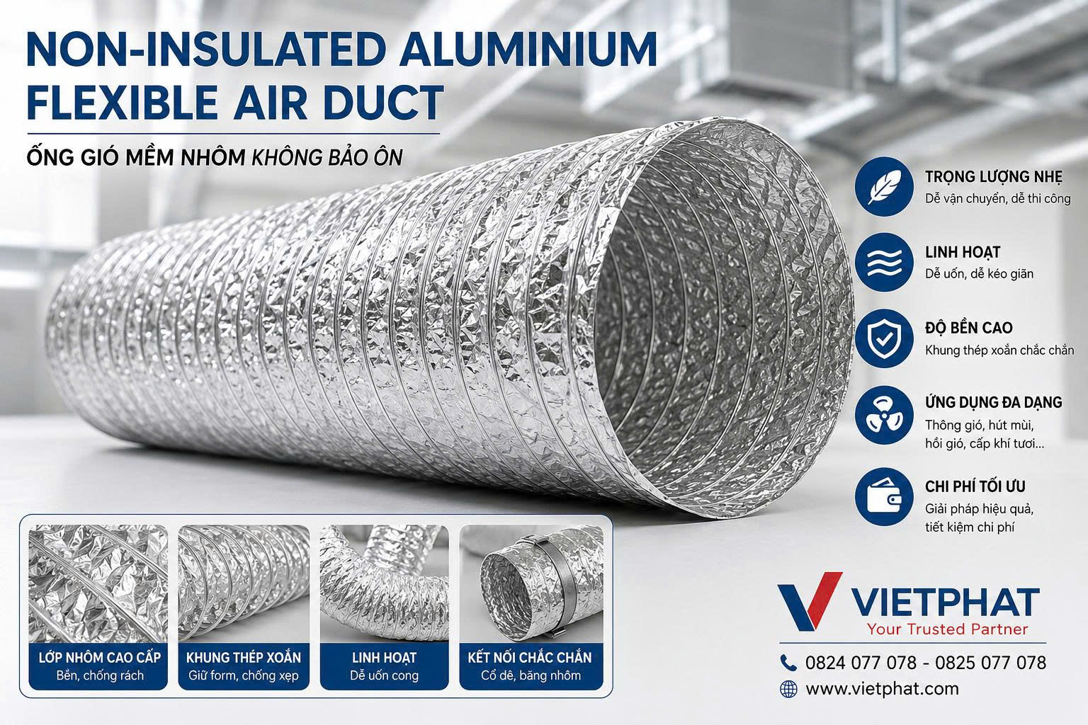 Non-Insulated Aluminium Flexible Air Duct Chính Hãng