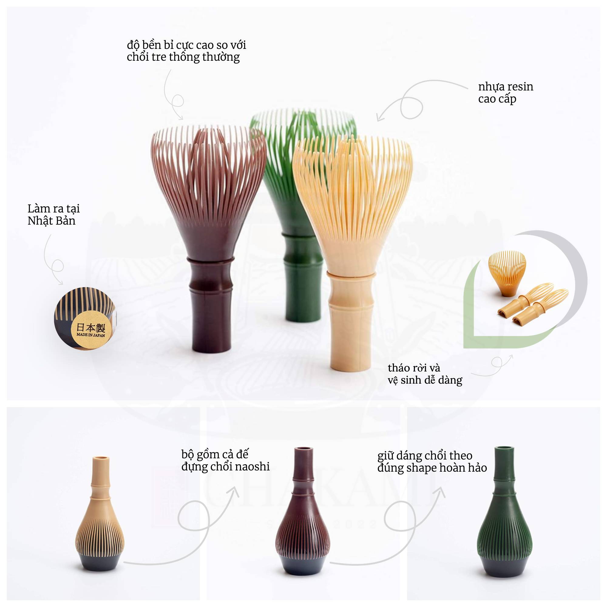 Set Chổi nhựa cao cấp Chasen Resin pha matcha (100% Made in Japan) - Gồm đế giữ chổi Naoshi