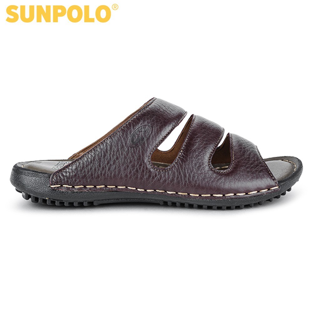 Dép Quai Ngang Nam DQN019 Da Bò SUNPOLO Đen Nâu