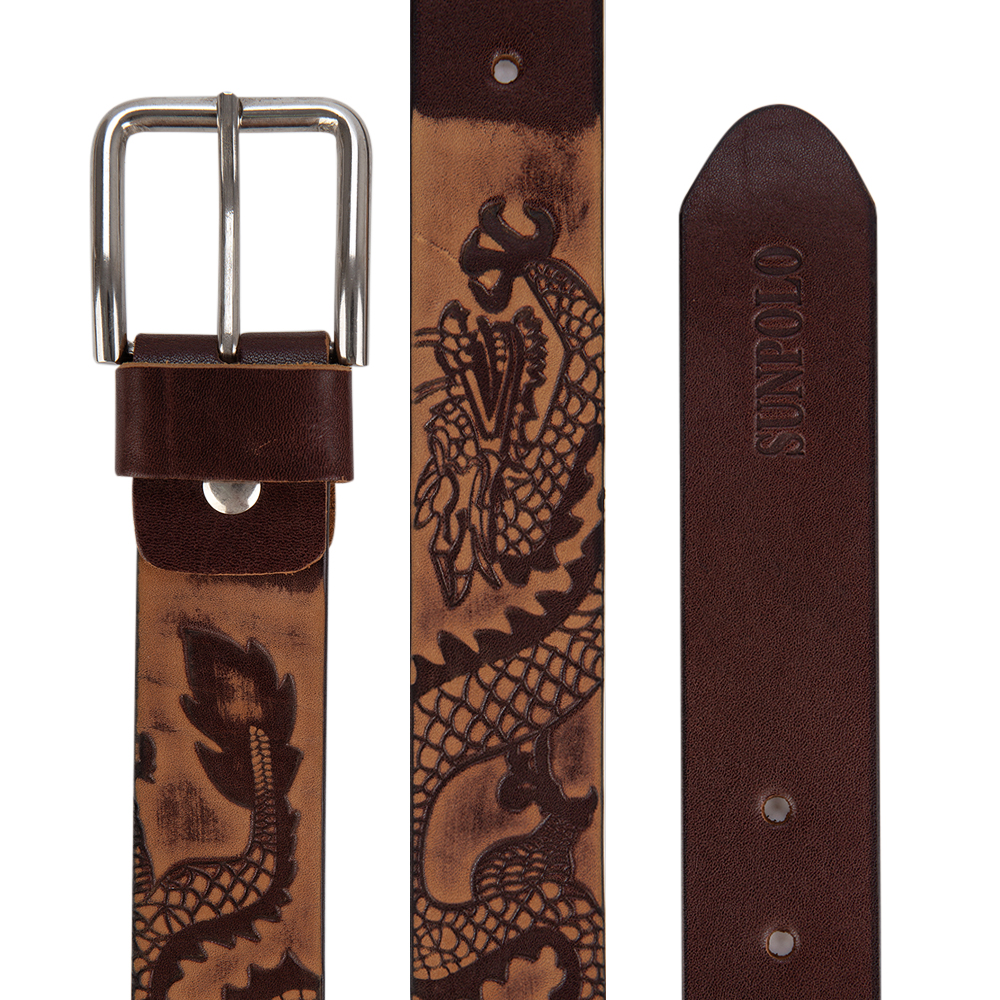 Dây nịt Nam Da Bò BSRC01 Họa Tiết Rồng SUNPOLO Khóa Kim Không Gỉ Nâu