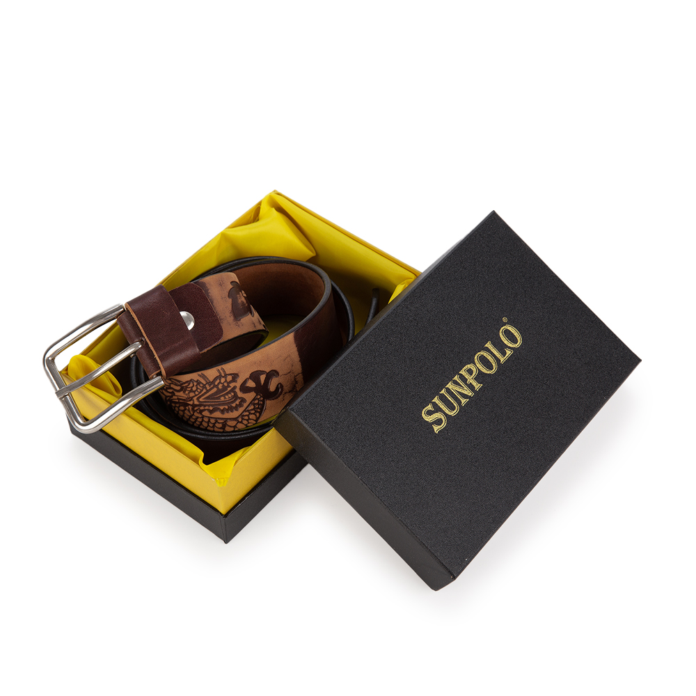 Dây nịt Nam Da Bò BSRC01 Họa Tiết Rồng SUNPOLO Khóa Kim Không Gỉ Nâu