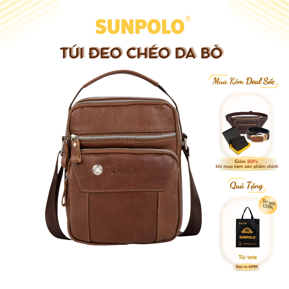 Túi đeo chéo nam da bò cao cấp SUNPOLO Nâu STU109