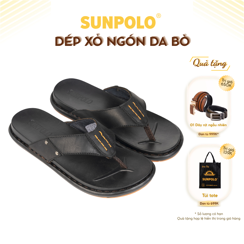 Dép xỏ ngón nam da bò SUNPOLO KEP288 đế cao su màu đen