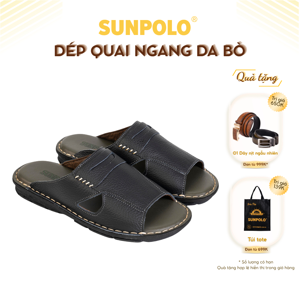 Dép Quai Ngang Nam AQN028 Da Bò SUNPOLO Đen