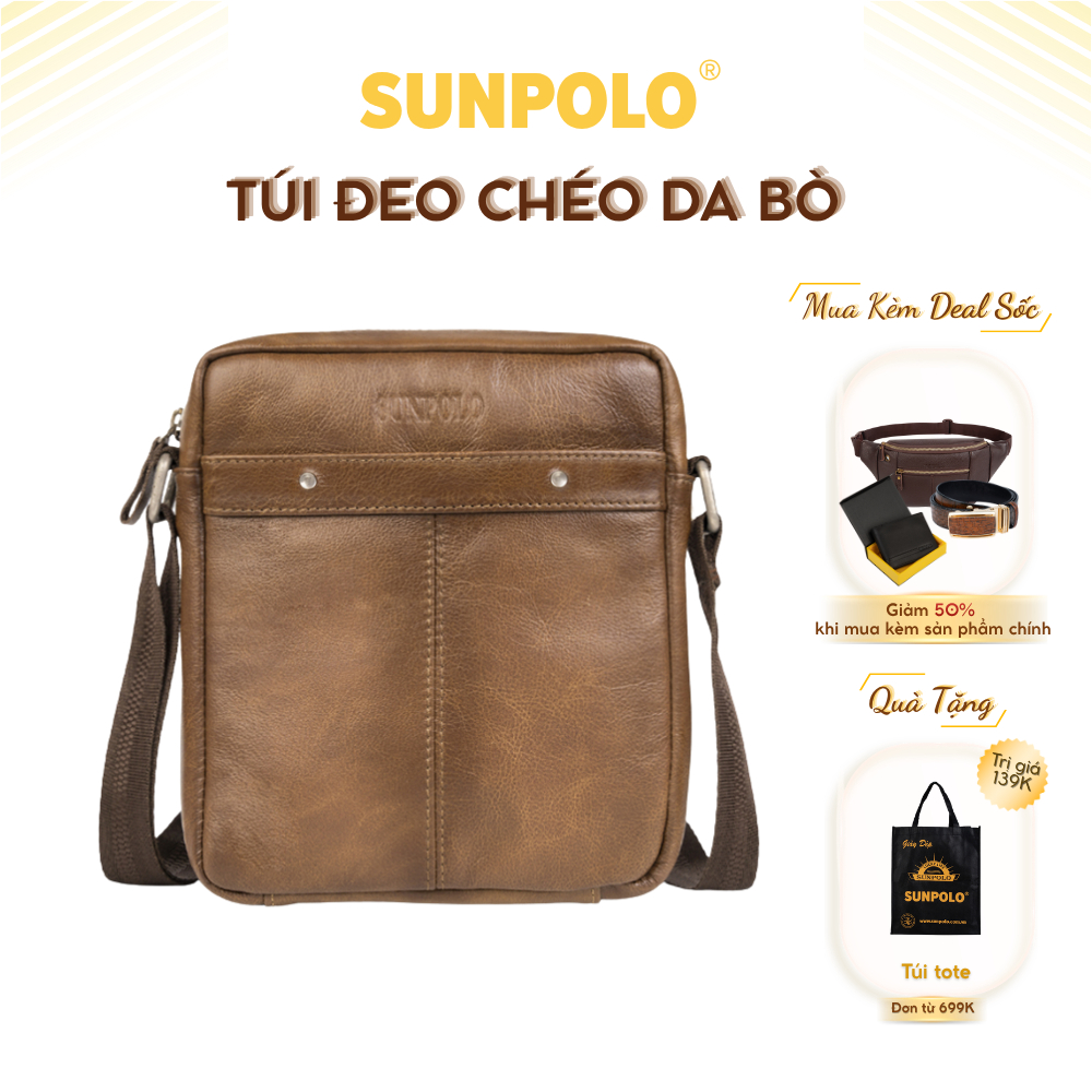Túi đeo chéo nam da bò cao cấp SUNPOLO Nâu TUI222