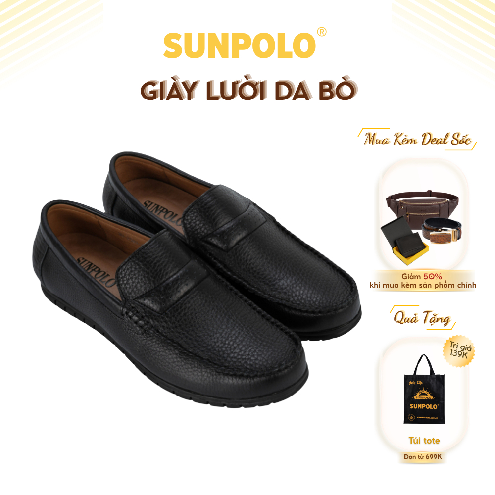Giày Lười Nam Da Bò SUNPOLO Đen Nâu MU2589