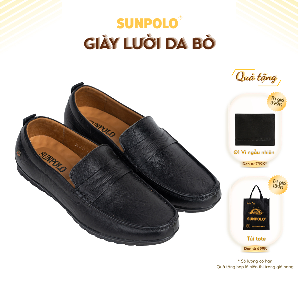 Giày lười CS5077 da bò đế cao su mũi tròn 2 phiên bản màu Đen/Nâu
