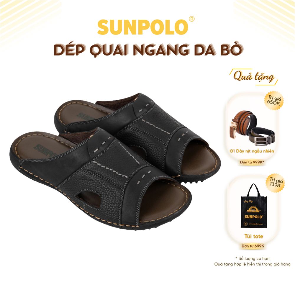 Dép quai ngang DQN031 da bò Đen/Nâu