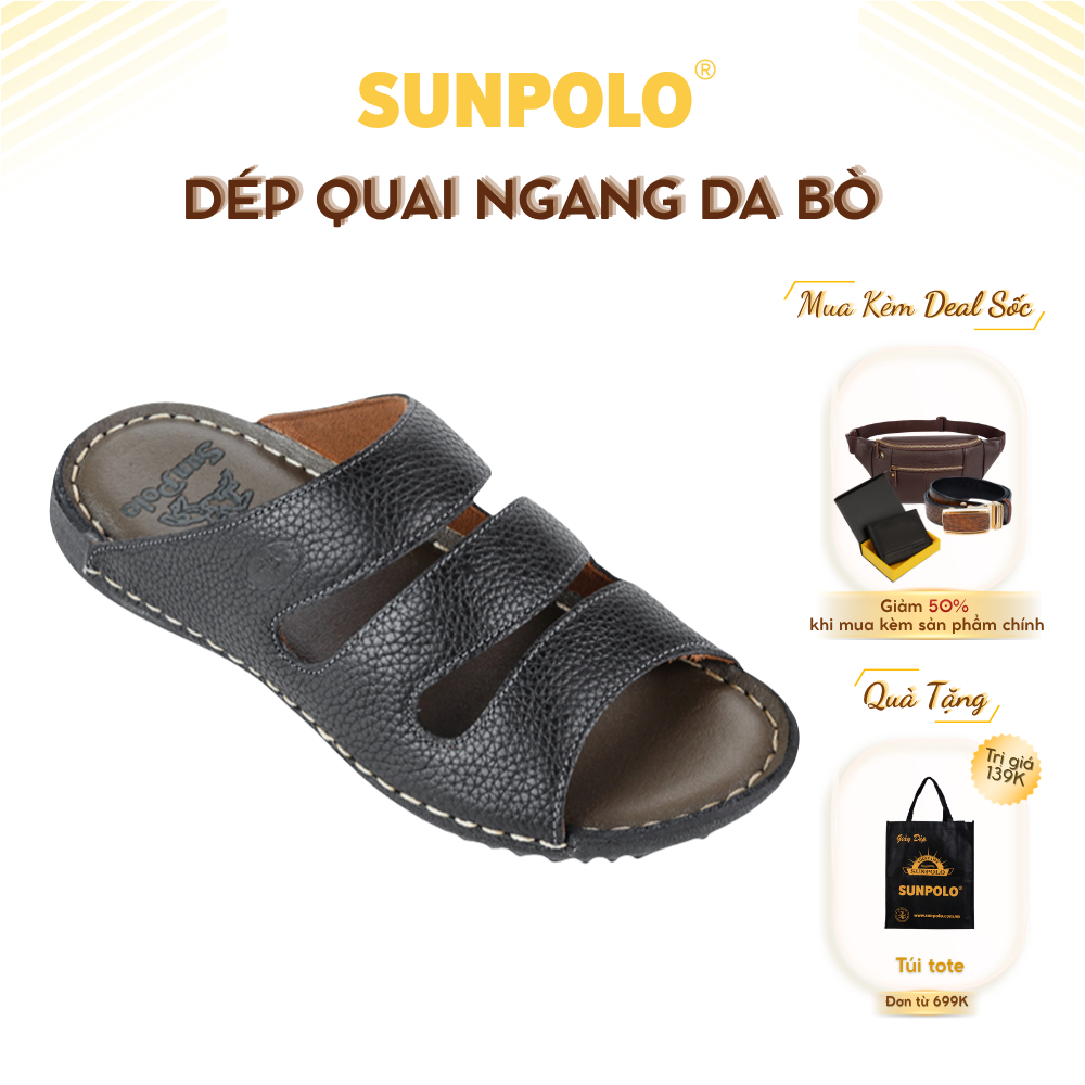 Dép Quai Ngang Nam DQN019 Da Bò SUNPOLO Đen Nâu