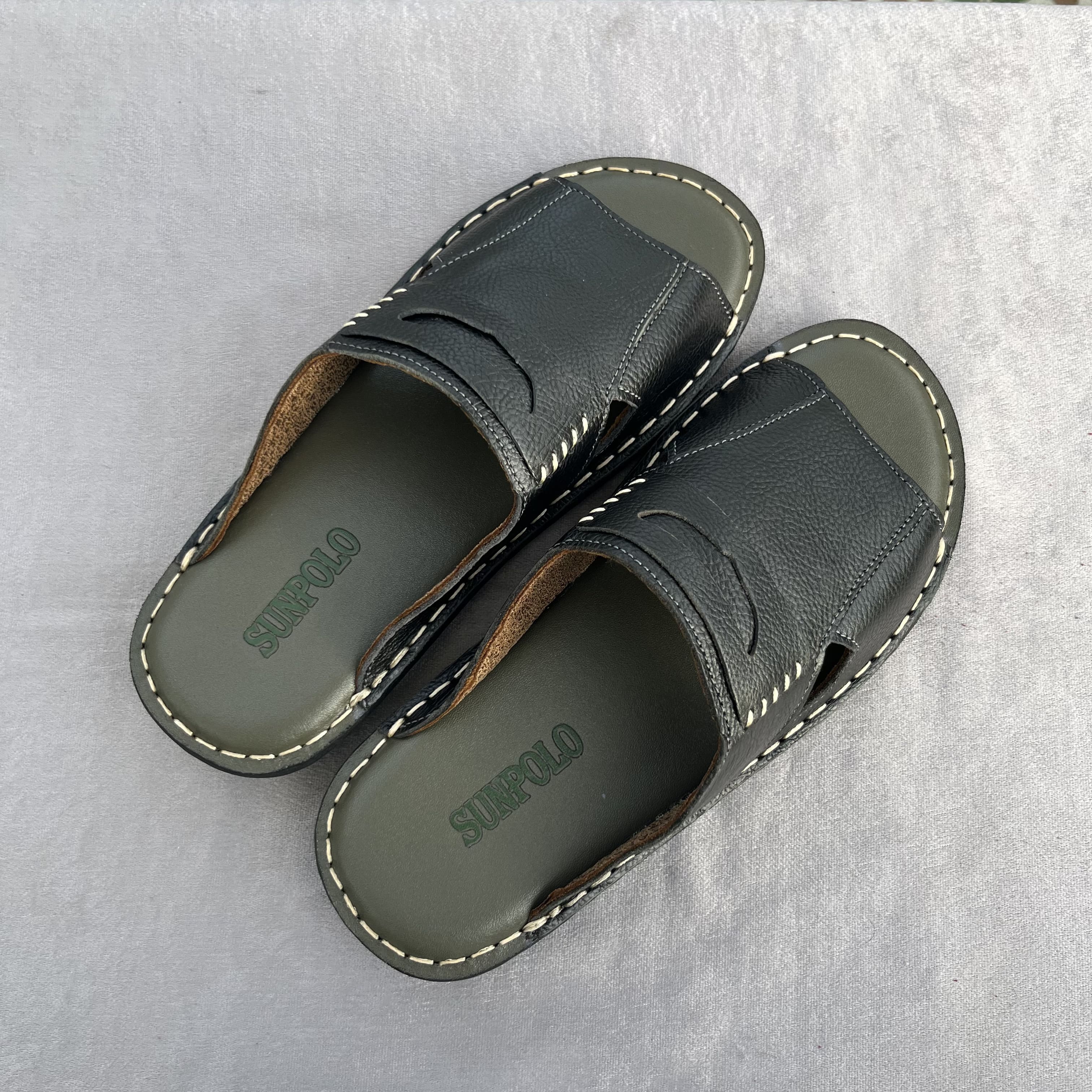 Dép Quai Ngang Nam AQN028 Da Bò SUNPOLO Đen