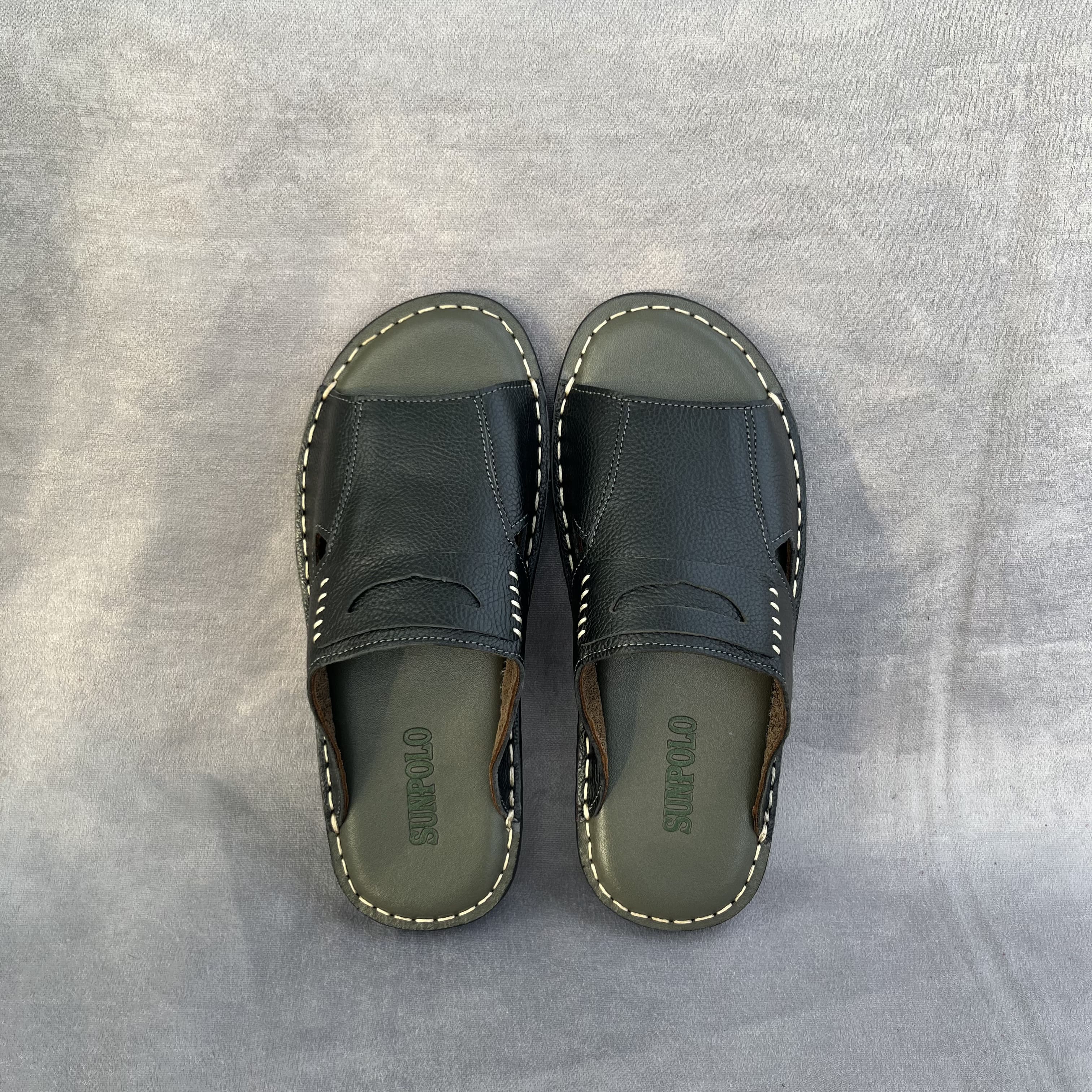 Dép Quai Ngang Nam AQN028 Da Bò SUNPOLO Đen