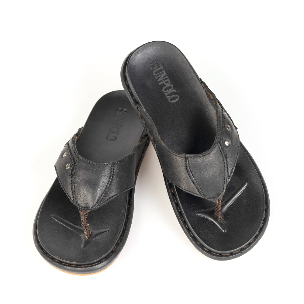 Dép xỏ ngón nam da bò SUNPOLO KEP033 đế cao su màu đen
