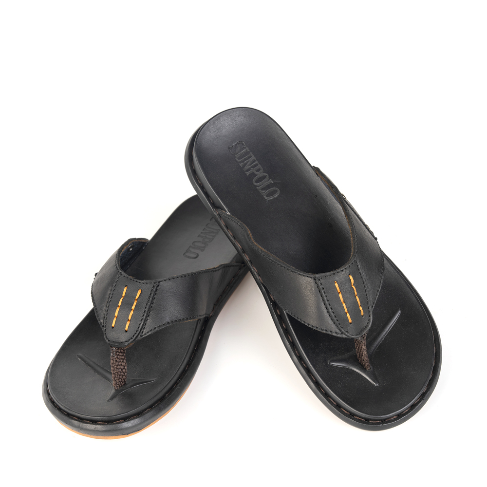 Dép xỏ ngón nam da bò SUNPOLO KEP288 đế cao su màu đen