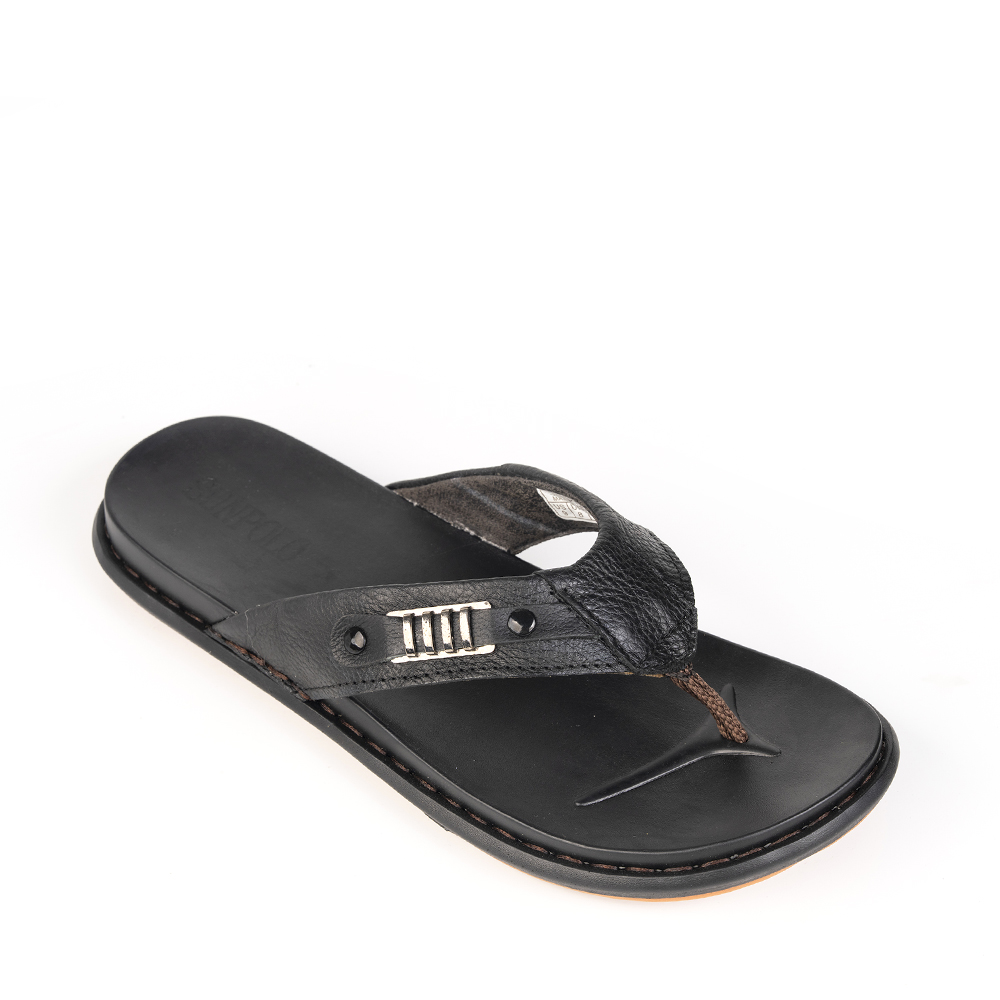 Dép xỏ ngón nam da bò SUNPOLO KEP028 đế cao su màu đen