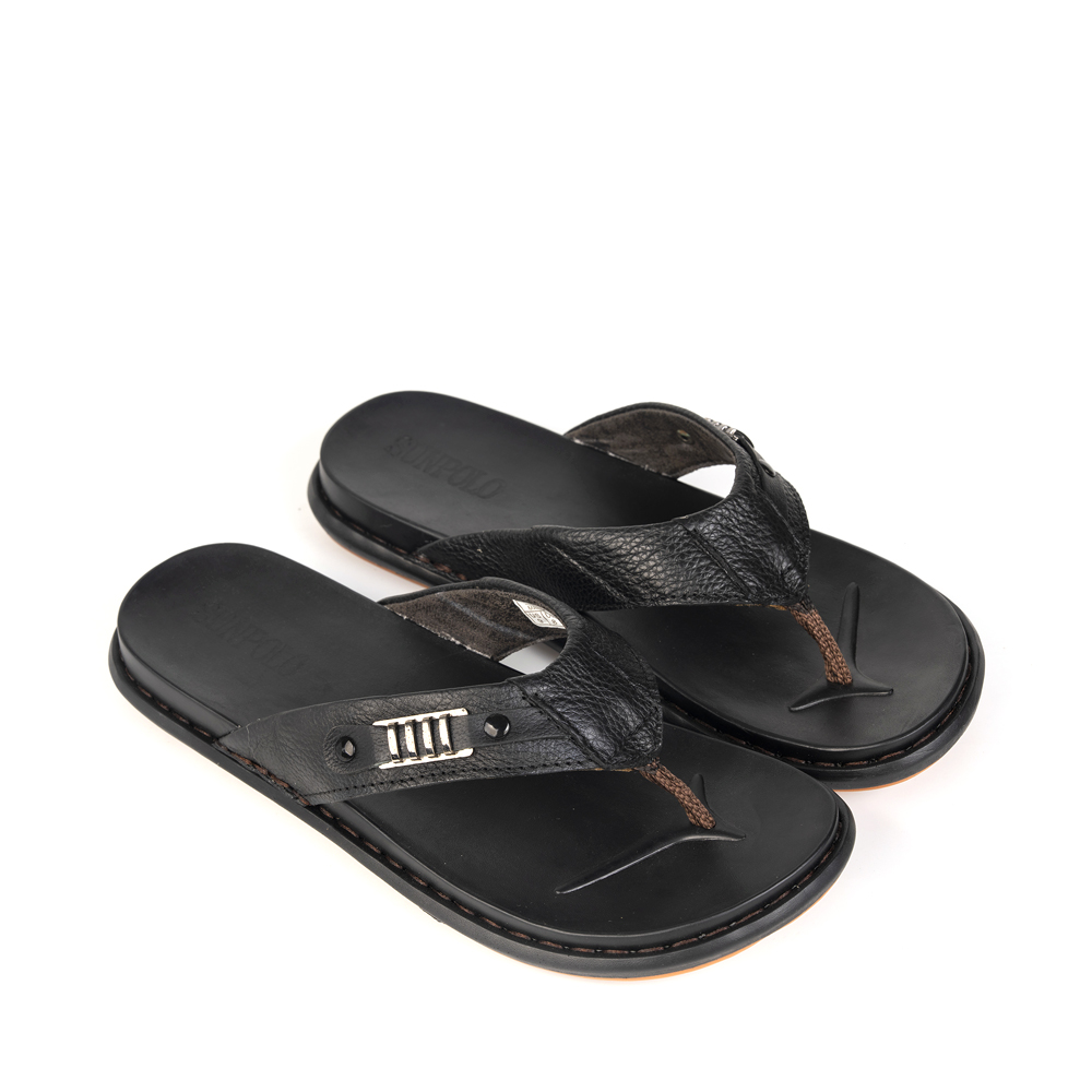 Dép xỏ ngón nam da bò SUNPOLO KEP028 đế cao su màu đen