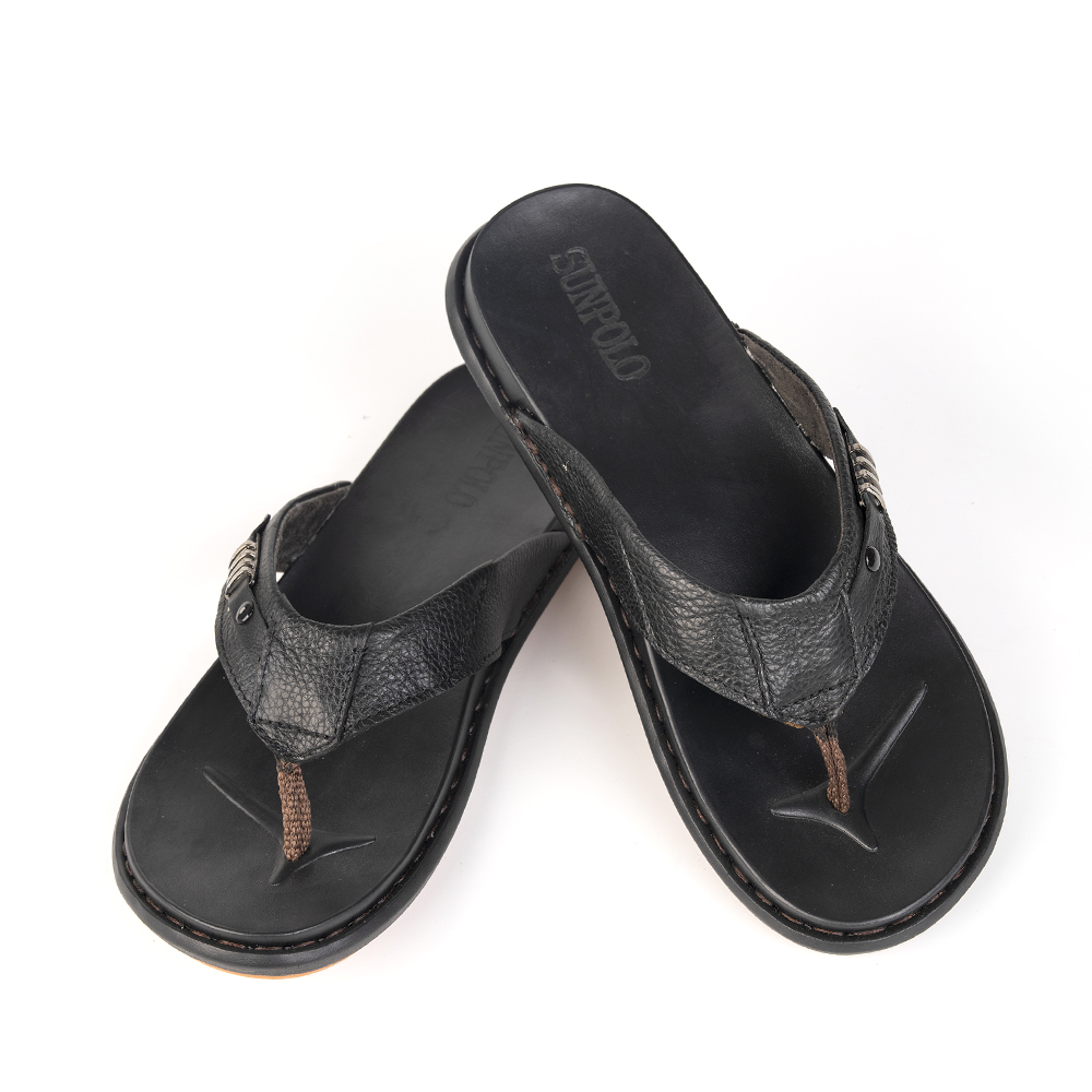 Dép xỏ ngón nam da bò SUNPOLO KEP028 đế cao su màu đen