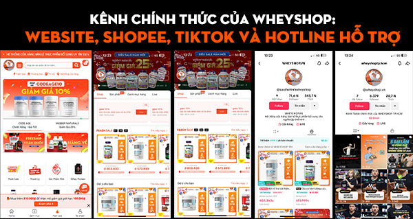 Kênh chính thức của WheyShop: website, Shopee, TikTok và hotline hỗ trợ