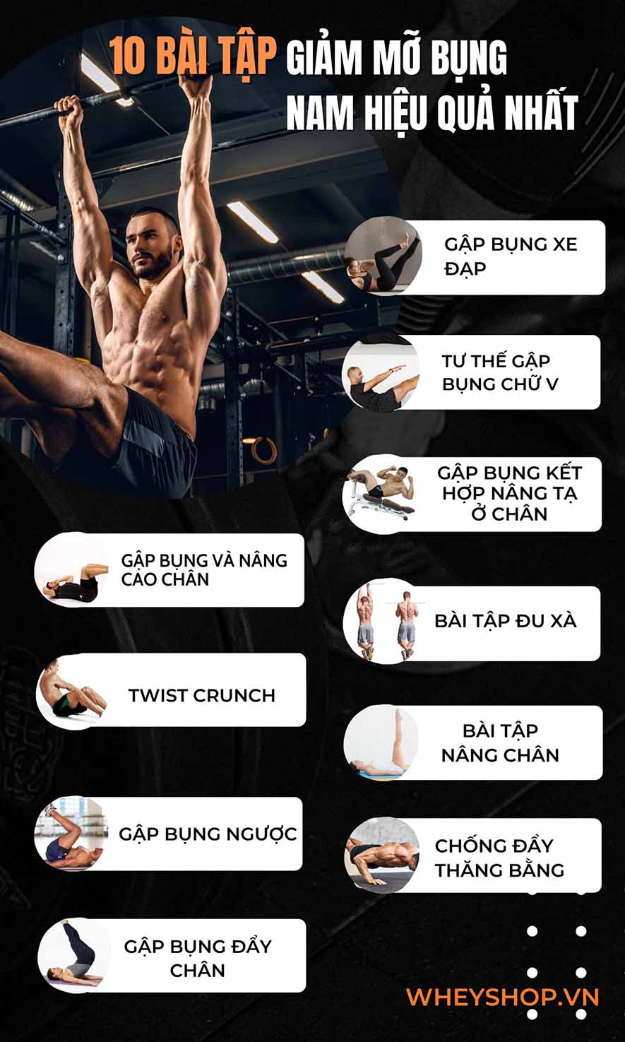 Bạn đang băn khoăn tìm cách giảm mỡ bụng nam nhanh chóng, hiệu quả? Hãy cùng WheyShop điểm qua ngay 10 bài tập giảm mỡ bụng nam...