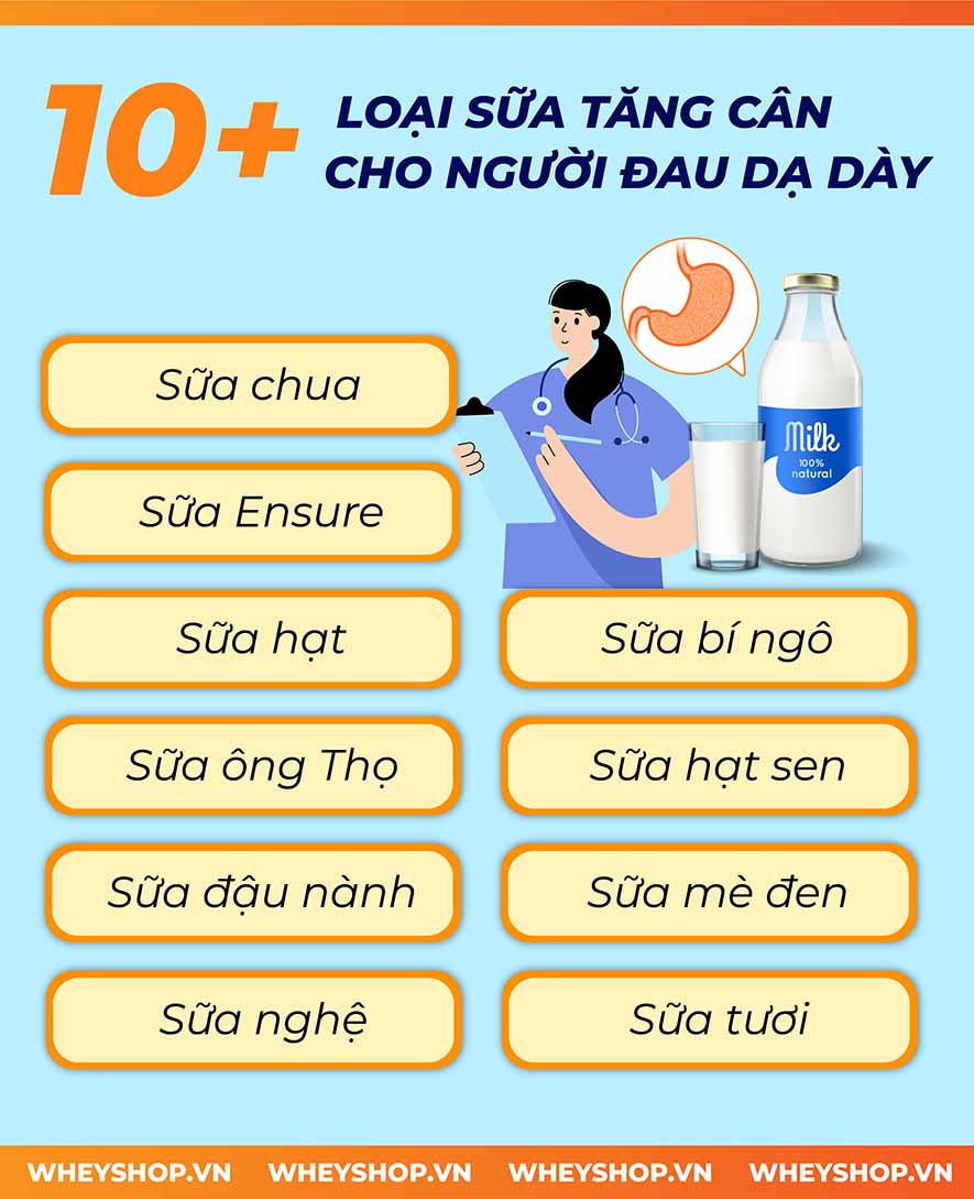 Cùng WheyShop tìm hiểu ngay 10 loại sữa tăng cân cho người đau dạ dày hiệu quả nhất hiện nay, giúp bạn tăng cân dễ dàng, hiệu quả...