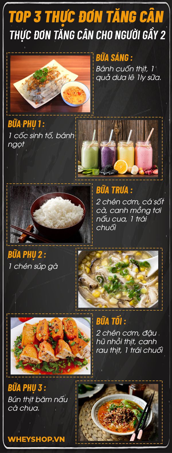 Bạn ăn nhiều nhưng vẫn chưa tăng cân ? Cùng WheyShop tìm hiểu ngay 3 thực đơn tăng cân cho người gầy hiệu quả nhất, dễ dàng thực hiện đơn giản...