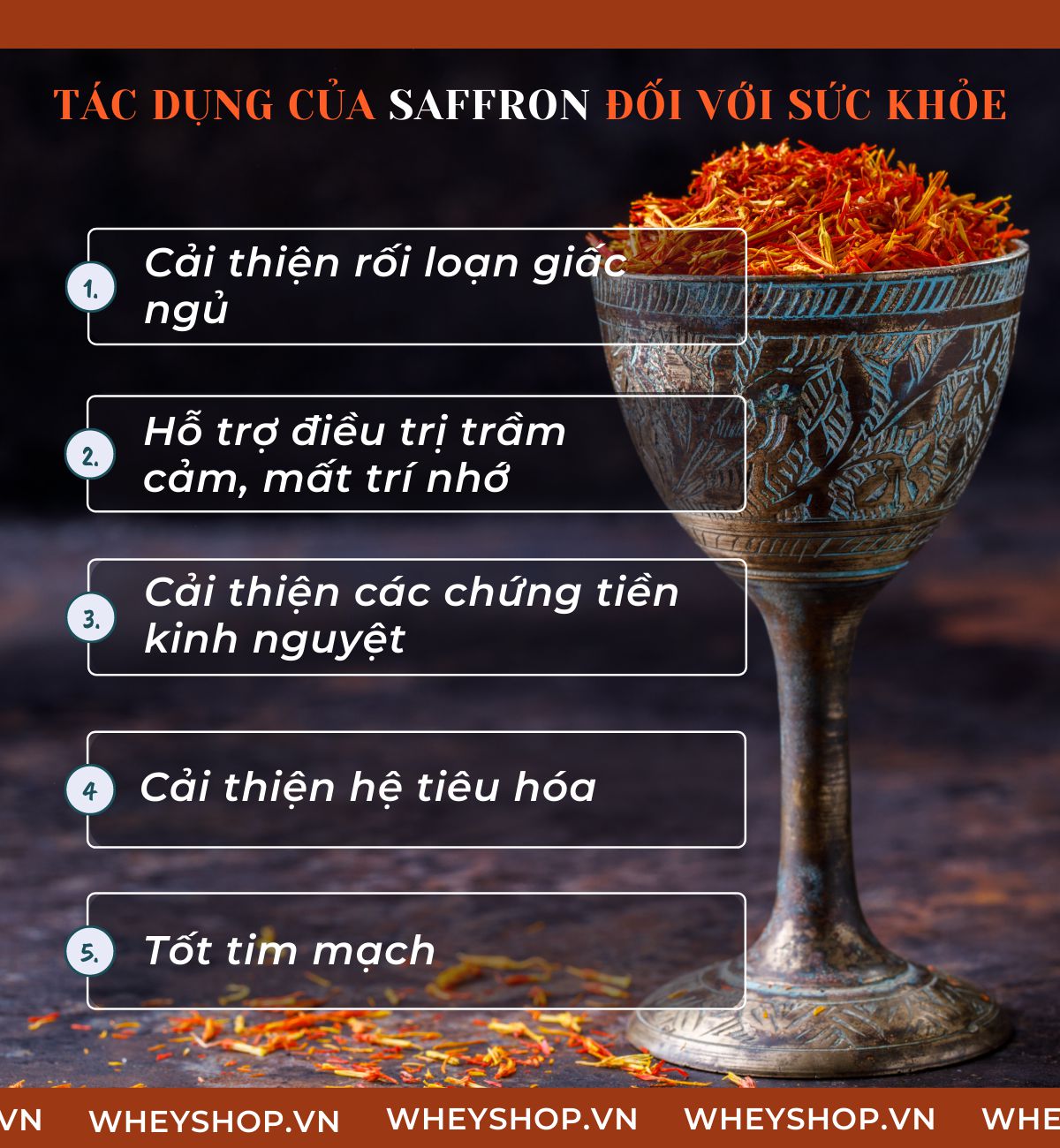 Nếu bạn đang tìm hiểu về nhuỵ hoa nghệ tây Saffron là gì thì hãy cùng WheyShop điểm qua 5 tác dụng của Saffron trong bài viết ngay nhé...