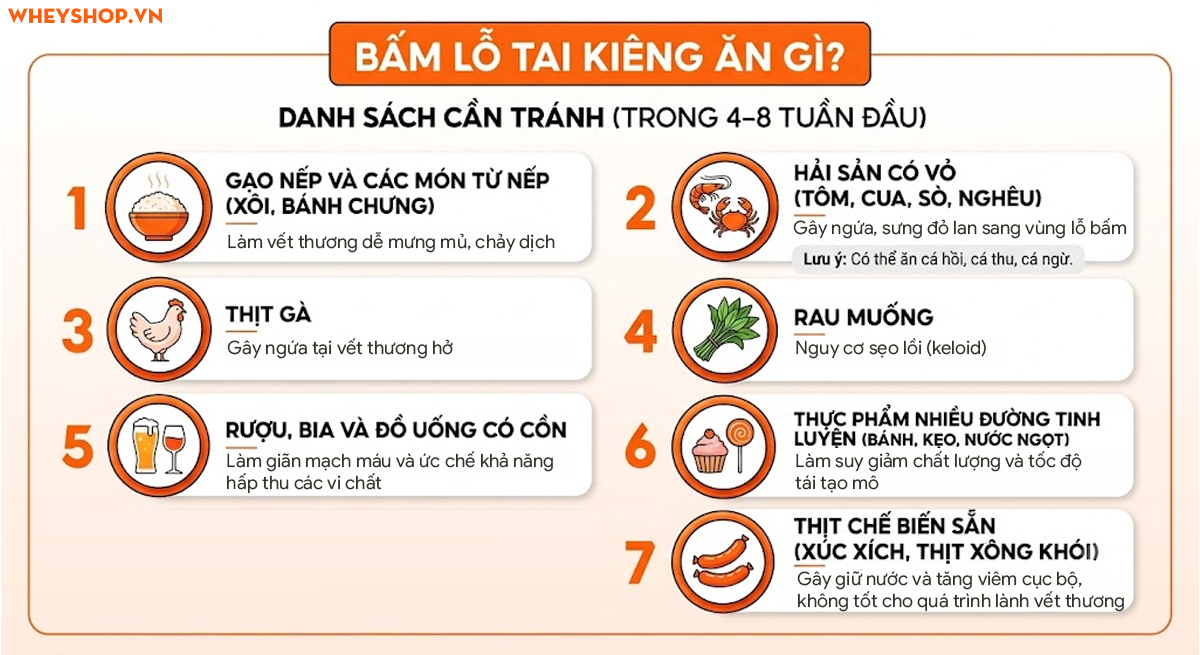 Bấm lỗ tai kiêng ăn gì? Danh sách đầy đủ & nên ăn gì
