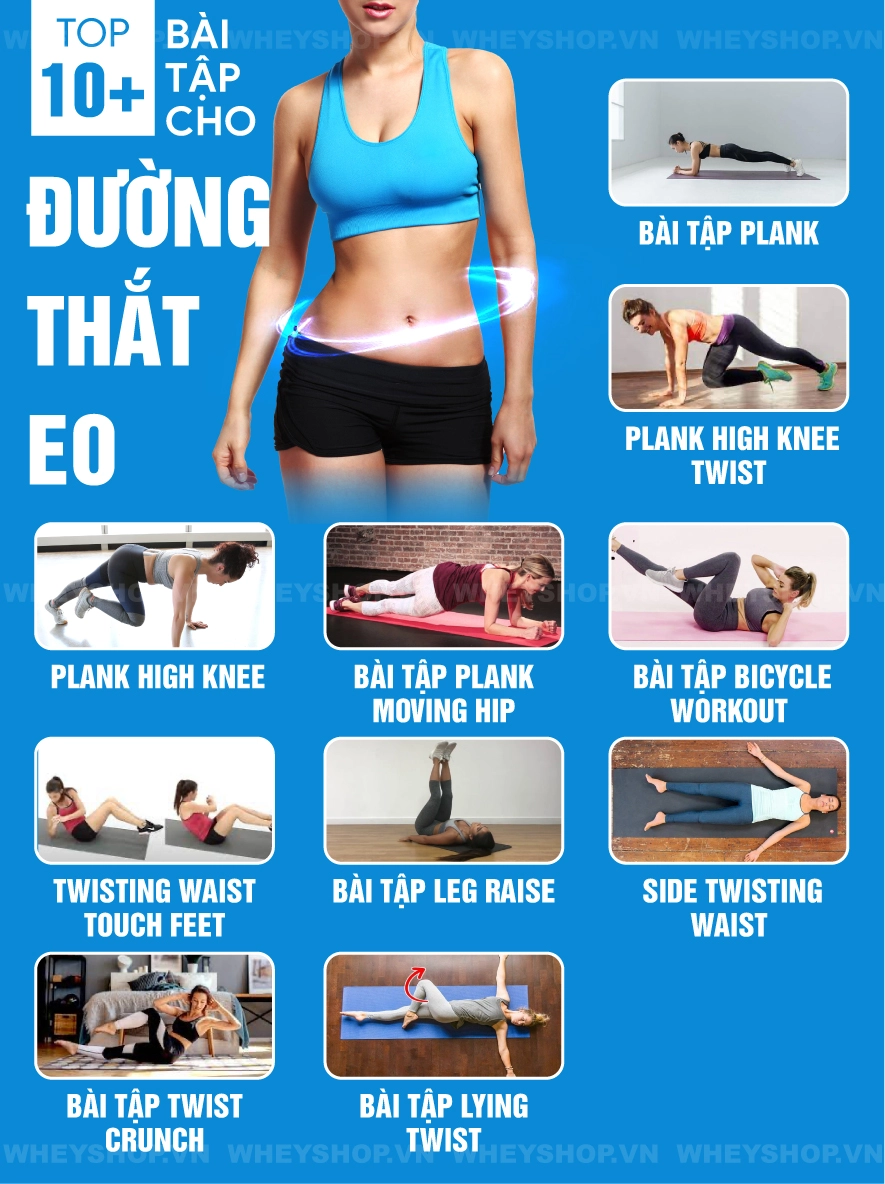 Đối với chị em phụ nữ, thắt eo làm tôn đường cong quyến rũ, dáng người uyển chuyển Bài viết này, WheyShop gợi ý tới chị em 10+ bài tập thắt eo đơn giản...