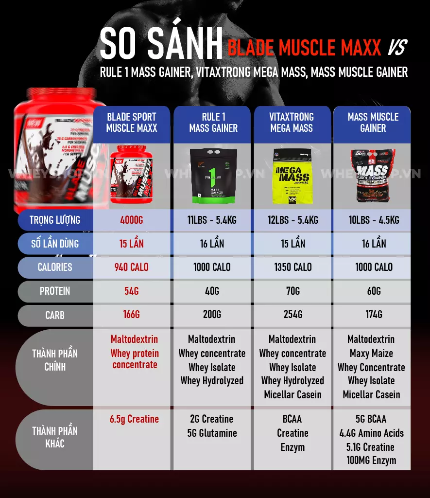 Blade Sport Muscle Maxx đáp ứng sự kỳ vọng của người gầy: tăng cân, tăng cơ, hiệu suất tập luyện. Đánh giá Blade Sport Muscle Maxx có tốt không? Cùng WheyShop...