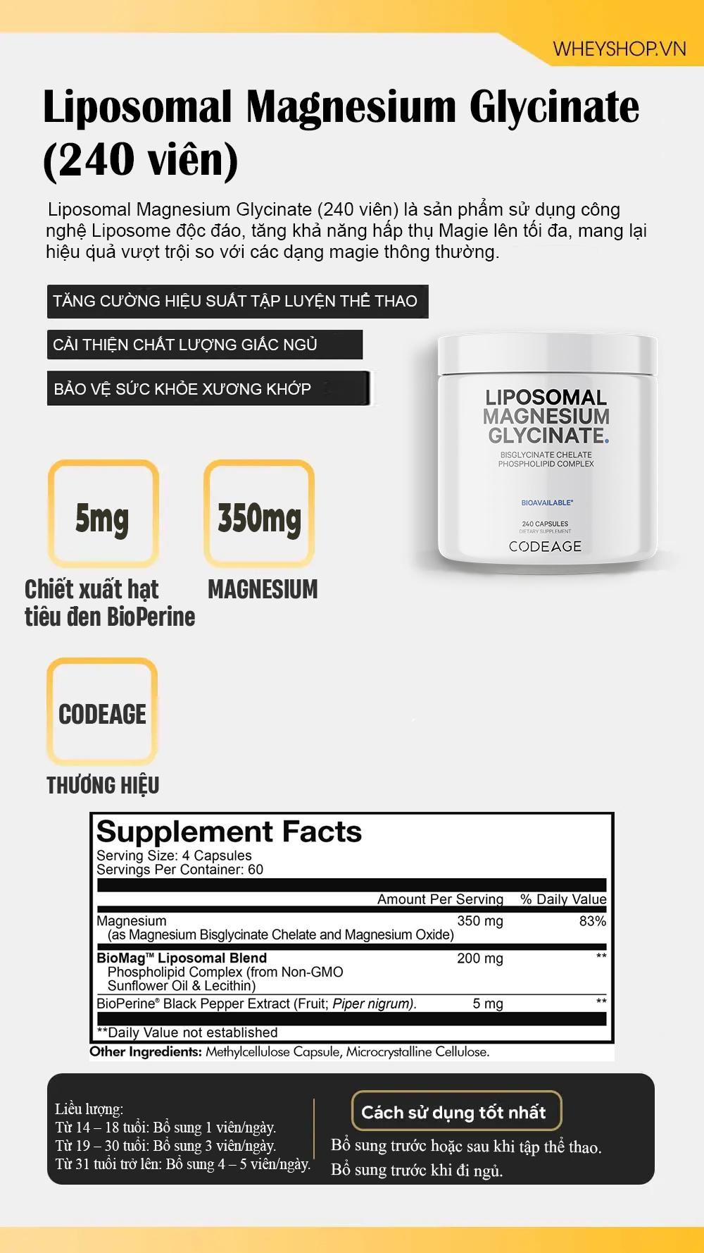 Code Age Liposomal Magnesium Glycinate (240 viên) 9 btp magnesium