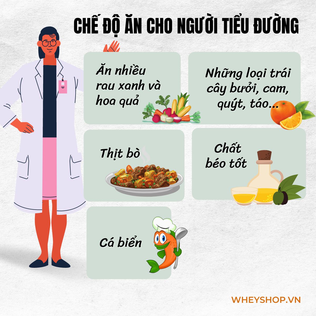 Cùng WheyShop tìm hiểu chi tiết về chế độ ăn cho người tiểu đường cùng những lưu ý thực phẩm dinh dưỡng nên và không nên ăn...