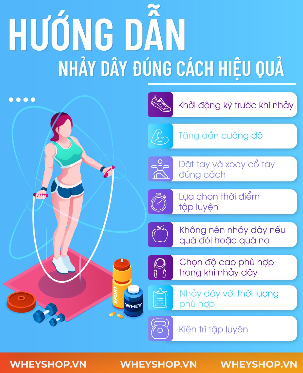Nếu bạn đang băn khoăn không biết đâu là cách nhảy dây đúng cách hiệu quả thì hãy cùng tham khảo bài viết sau với WheyShop về cách nhảy dây đúng cách nhé !!!