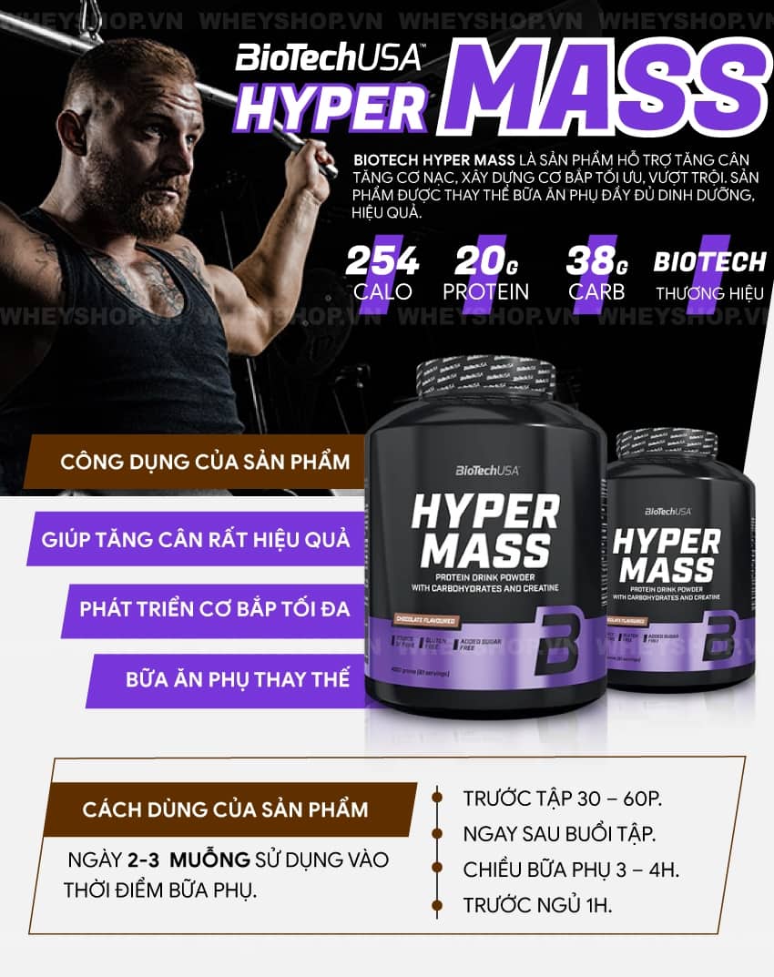 Hyper Mass là sản phẩm sữa tăng cân tăng cơ nạc tốt nhất của hãng Biotech. Sản phẩm nhập khẩu, cam kết giá rẻ, tốt nhất Hà Nội TpHCM...