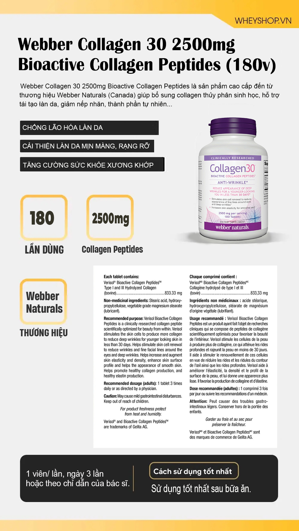 Webber Collagen 30 2500mg Bioactive Collagen Peptides (180 viên)