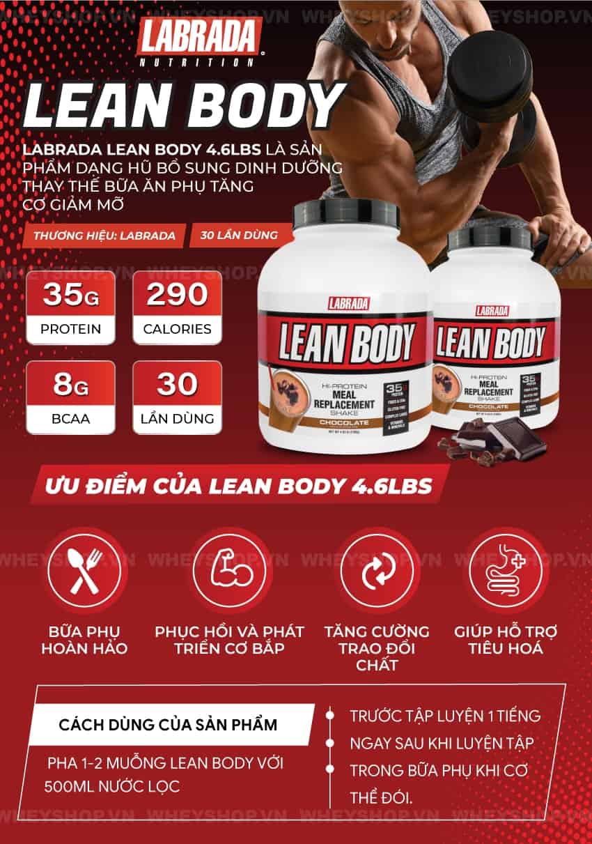 Labrada Lean Body 4.6lbs là sản phẩm dạng hũ bổ sung dinh dưỡng thay thế bữa ăn phụ tăng cơ giảm mỡ. Sản phẩm nhập khẩu chính hãng, giá rẻ tốt nhất Hà Nội TpHCM