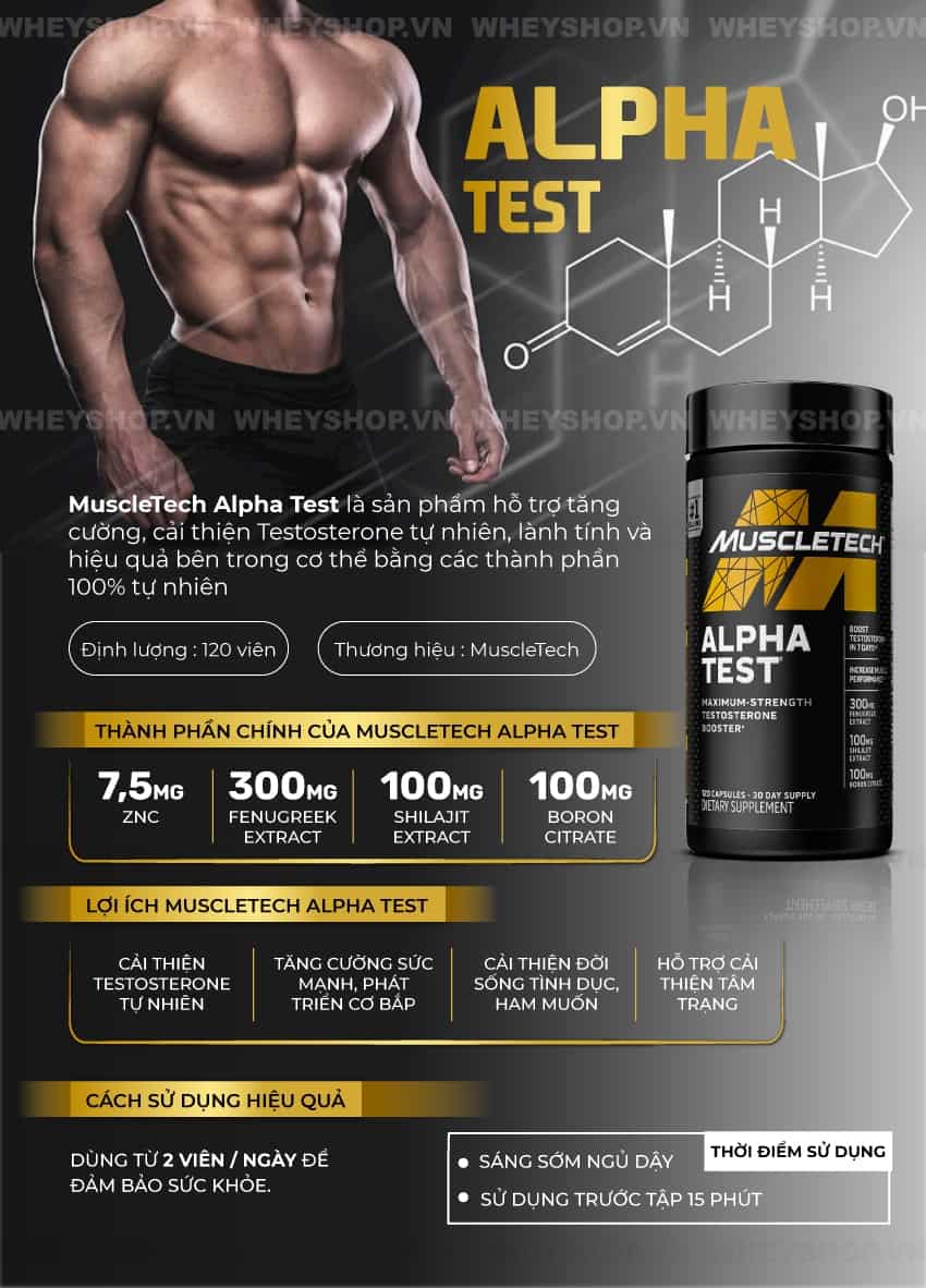 MuscleTech Alpha Test là sản phẩm hỗ trợ cải thiện testosterone tự nhiên, tăng cường sinh lý nam. Sản phẩm nhập khẩu giá rẻ, chính hãng tốt nhất tại Hà Nội, Tp.HCM...