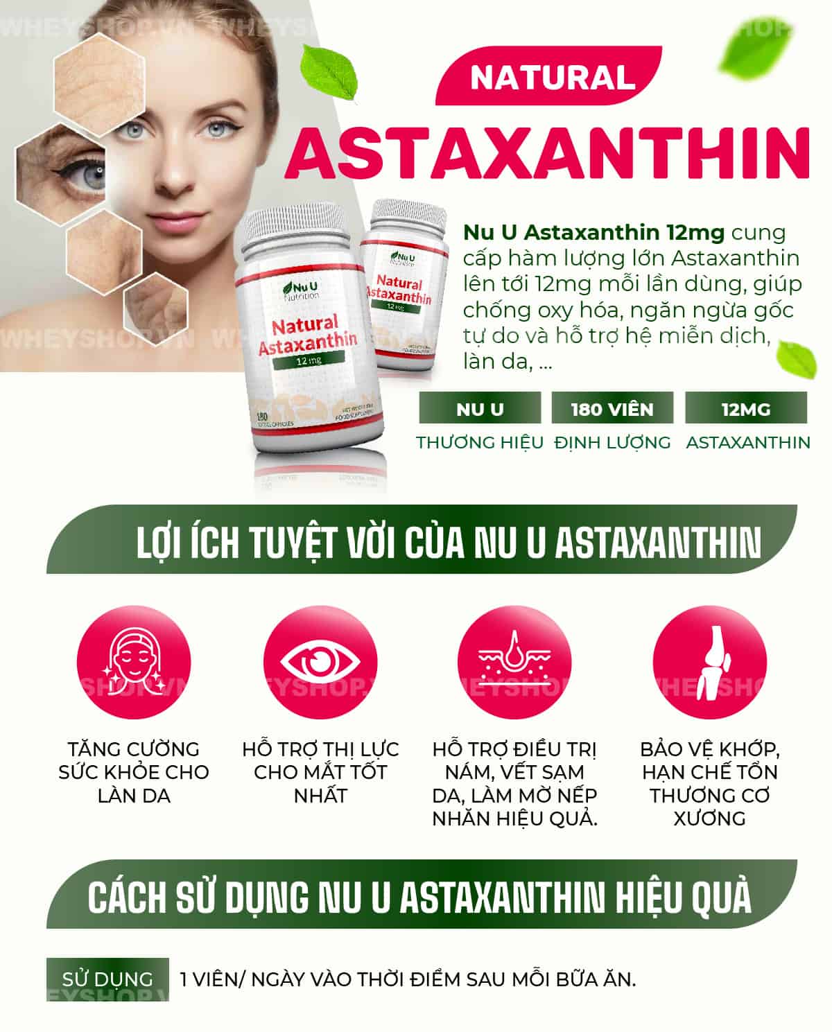 Nu U Astaxanthin 12mg cung cấp hàm lượng lớn Astaxanthin lên tới 12mg mỗi lần dùng, giúp chống oxy hóa, ngăn ngừa gốc tự do và hỗ trợ hệ miễn dịch, làn da, ...
