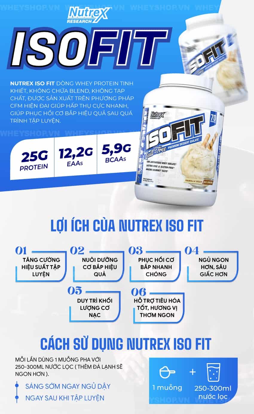 Nutrex ISO Fit là sản phẩm Whey Isolate tăng cơ cao cấp, tinh khiết hàng đầu hiện nay. ISO Fit được nhập khẩu chính hãng, giá rẻ tại Hà Nội TpHCM
