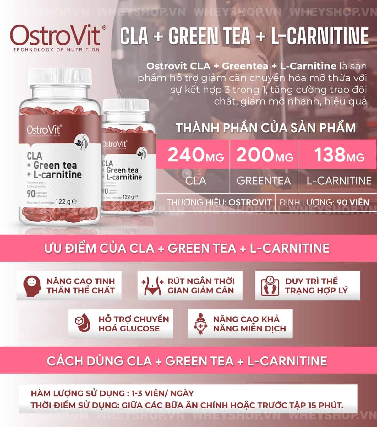 Ostrovit CLA + Green tea + L-Carnitine là sản phẩm hỗ trợ giảm cân chuyển hóa mỡ thừa với sự kết hợp 3 trong 1, tăng cường trao đổi chất, giảm mỡ nhanh, hiệu quả