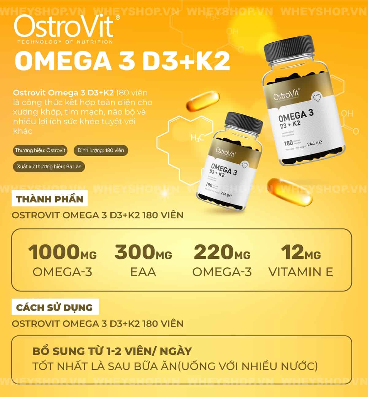 Ostrovit Omega 3 D3+K2 180 viên là công thức kết hợp toàn diện cho xương khớp, tim mạch, não bộ và nhiều lợi ích sức khỏe tuyệt vời khác