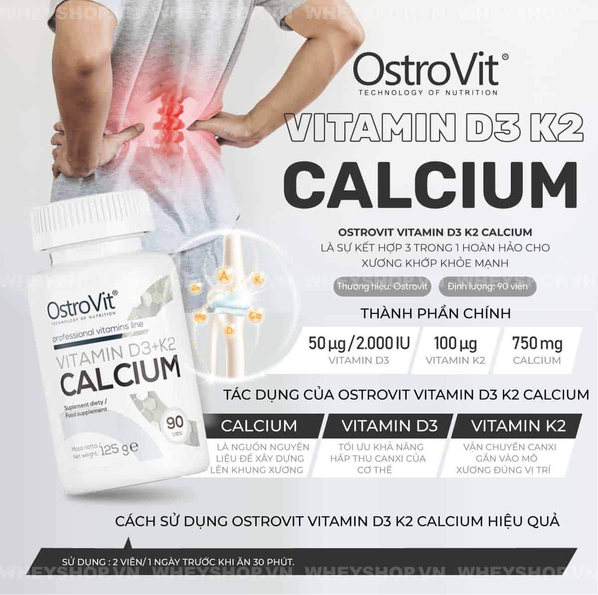 Ostrovit Vitamin D3 K2 Calcium là công thức kết hợp "3 in 1" hỗ trợ x.ương khớp chắc khỏe. Ostrovit Vitamin D3 K2 Calcium nhập khẩu chính hãng, giá rẻ tại Hà Nội TpHCM
