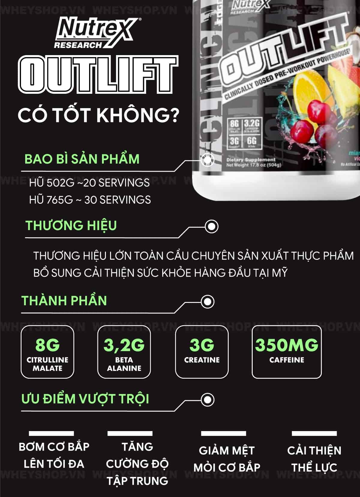 Nutrex Outlift là thực phẩm bổ sung tăng cường sức khỏe, cải thiện hiệu suất tập luyện được Gymer tin tưởng sử dụng. Cùng WheyShop đánh giá Nutrex Outlift...