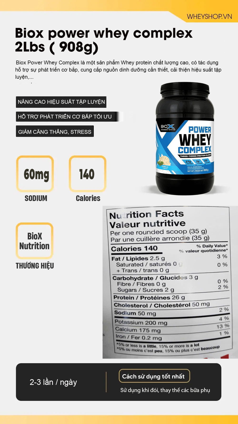 BioX Power Whey Complex 2Lbs ( 908g) 4 sua rui nhe